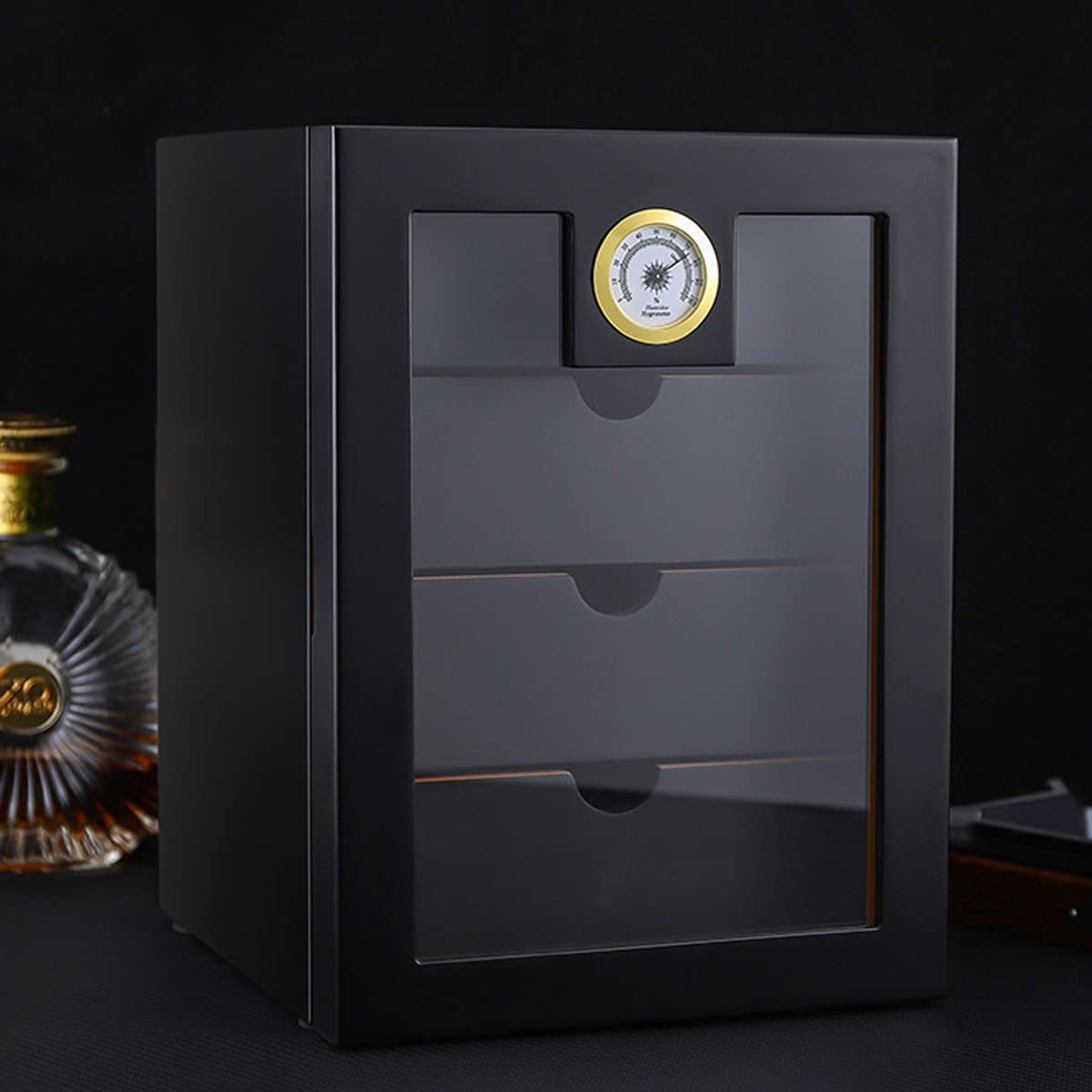 DOCIM Woodronic Zigarren-Humidor-Schrank mit digitalem Hygrometer, Zedernholz, gefüttert, Humidor, 4 Schubladen, Zigarrenbox, Humidor, mattschwarz