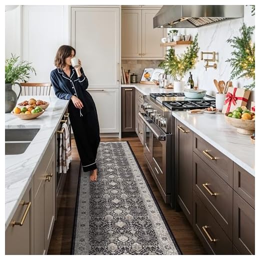 Hallway Washable Runner Rug - 2'6x14 Kitchen Rugs Entryway Rug Runner Vintage Soft Floor Mat Non Slip Indoor Farmhouse Carpet for Bathroom Living Room Bedroom (2'6''x14', Black)