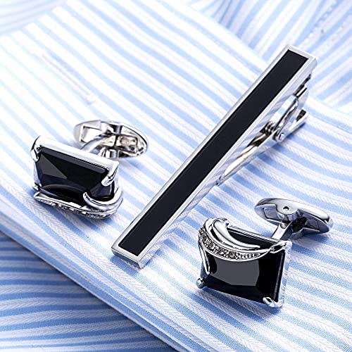 BXLE Black Cufflinks and Tie Clip Set for Men, Opal Gem Stone Cuff Links Cufflink Necktie Bar Clips Stickpin for Wedding Party Groomsmen, Luxury Business Formal Shirt Studs Button Clasp for Father4