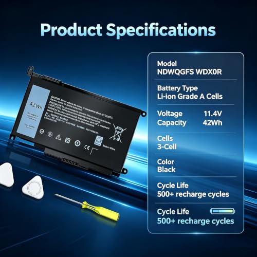 Image of WDX0R Laptop Battery for Dell Inspiron 13 5368 5378 7368 7378, 15 5565 5567 5568 5578 7560 7570 7579, 17 5765 5767 5770 Series | 11.4V 42Wh Replacement | Compatible with 3CRH3, P58F, P69G