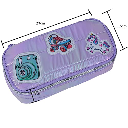 Kit Mochila Meninas Unicórnio Rodinhas Lancheira e Estojo Cor:Lilás