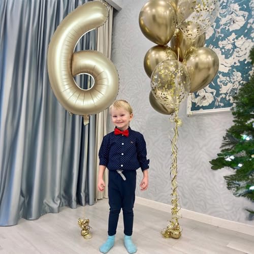 Image of 40 Inch Balloon Number 6 Champagne Gold, Large Foil Metallic Light Gold 6 Balloon Number for Women, Globos de Numero Helium Balloons for Girl Boy 6th Birthday Anniversary Graduation Party Decorations