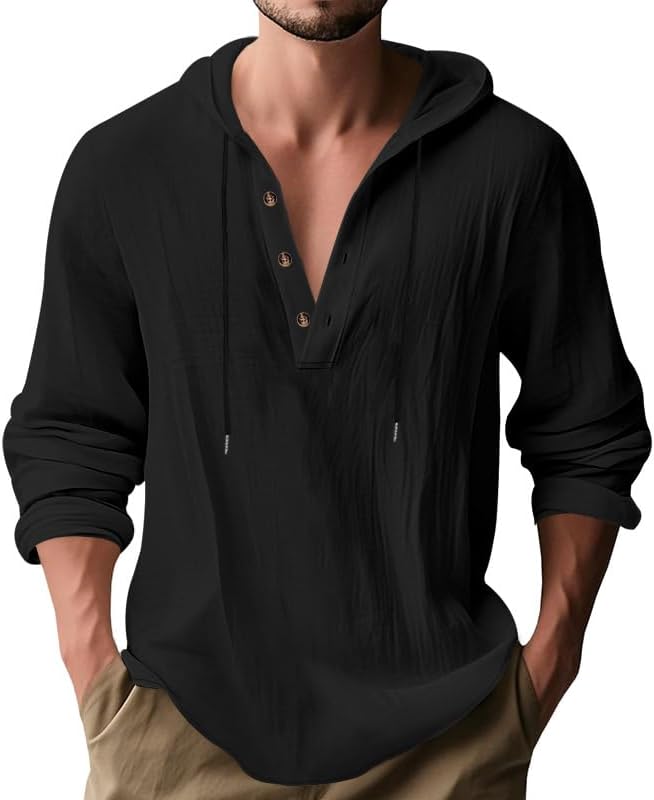 Men Lightweight Linen Blend Hoodie Shirt Long Sleeve V Neck Button Down Casual Pullover with Adjustable Drawstring