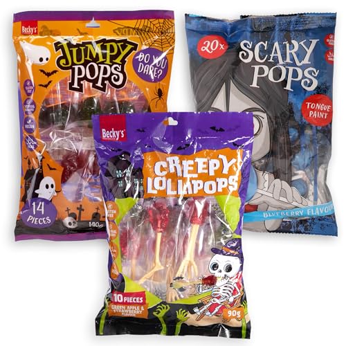 Becky’s Halloween Lollipop Bundle – ScaryPops, Creepy Lollipops & Jumpy Pops – Süß-Saure Lutscher im 3er Set, bunte Lollies für Kinder & Erwachsene – Perfekt für Grusel-Party, Kindergeburtstag & mehr