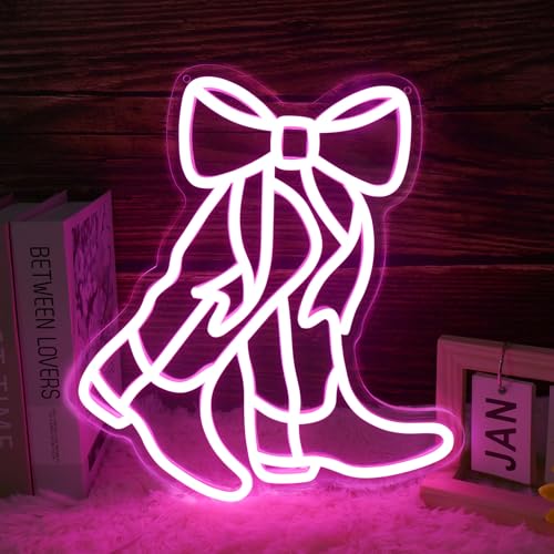 Image of Cowboy Boot Neon Sign Bow Neon Sign LED Pink Cowgirl Boots Light Signs Wall Decor Aesthetic Western Wall Art Suitable for Game Room Country Parties Bow Decor Bedroom Bar Birthday Gift(12.8 * 11.7in)