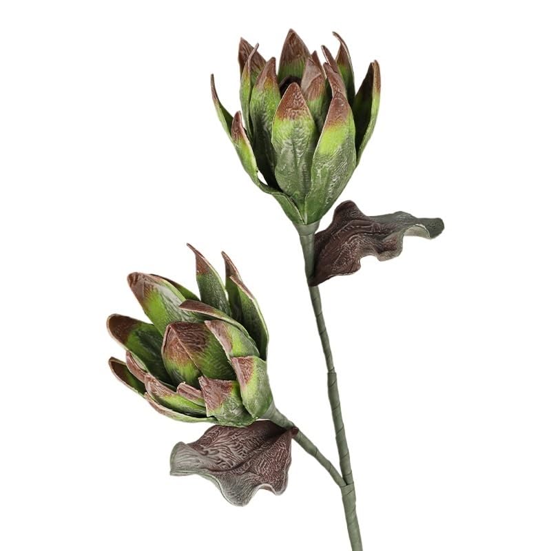 Flores artificiales de protea realistas con follaje verde de alta calidad estética