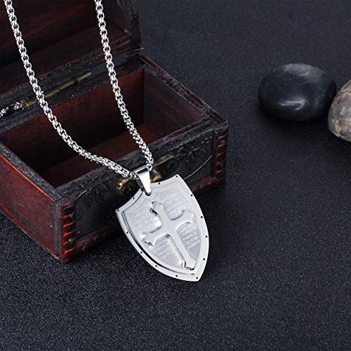 Rehoboth Mens Stainless Steel Shield Armor of God Cross Pendant Necklace Bible Verse Ephesians 6:16-17 Chain 24" for Women Men Black Silver3