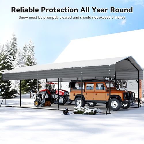 Image of 13x26FT Metal Carport,Heavy Duty Carport with Reinforced Frame and Galvanized Steel Roof, Large Outdoor Garage Shelter Shade Car Port for Pickup Trucks, Boats, Cars & Tractors, Farm Tools, Party,Gray