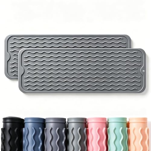 Image of 2 Pack Caketime Silicone Dish Drying Mat for Kitchen Counter Waterproof Under Sink Near Faucet with Bathroom Coffee Organizer Soap Holder New Home Essentials Drainers 17 inchx6 inch Gray