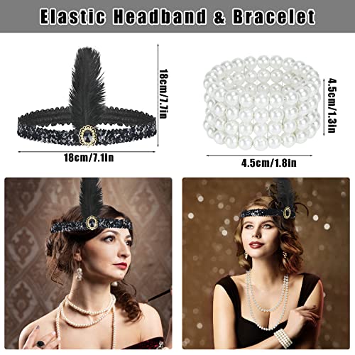 Dreamtop 20er Jahre Accessoires Damen 1920er Flapper Great Gatsby Accessoires 1920s Zubehör Set mit Stirnband Handschuhen Halskette Armband Ohrringen Spitze Faltfächer