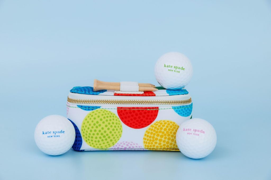 Kate Spade New York Women's Golf Set - 3 Wooden Tees & 3 Balls With Zipper Pouch, Gold Clasp Secures to Bag, Golfball Pattern Mini