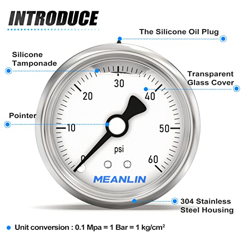 Image of MEANLIN MEASURE 0~60Psi Stainless Steel 1 /4 inch NPT 2.5 inch Single Scale FACE DIAL, Glycerin Filled Pressure Gauge, Pool Sand Filter, Back Mount, with 1 /2 inch NPT and 3 /8 inch NPT Hex Bushing