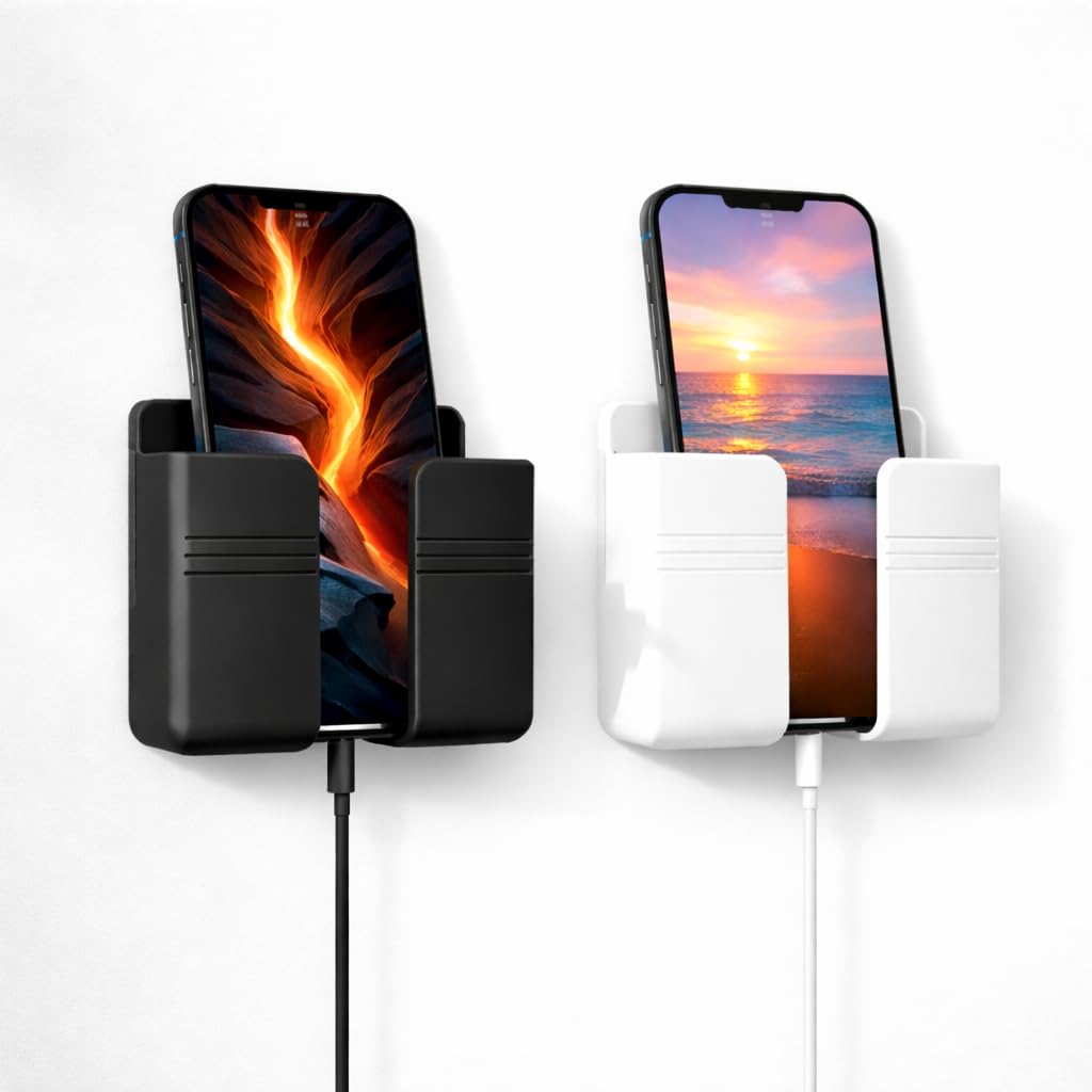 Wall Mount Mobile Holder with Charging Support & Dual Hooks | Pack of 4 Phone Stands for Bathroom, Kitchen, Bedroom | ABS Plastic (Black and White)-image-40