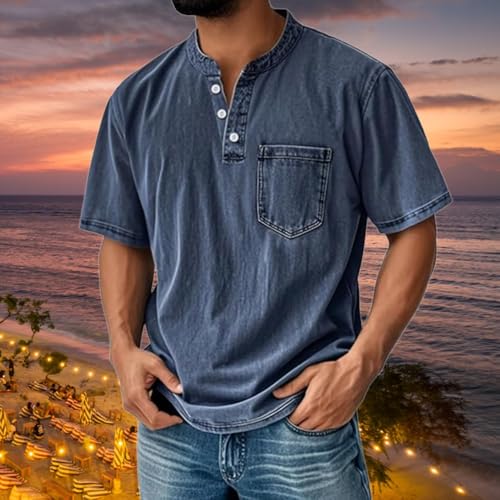 Mokaloha Men's Retro Stand Collar Casual Pocket Solid Color Short Sleeve Henley Shirt Comfortable Versatile Fashion2