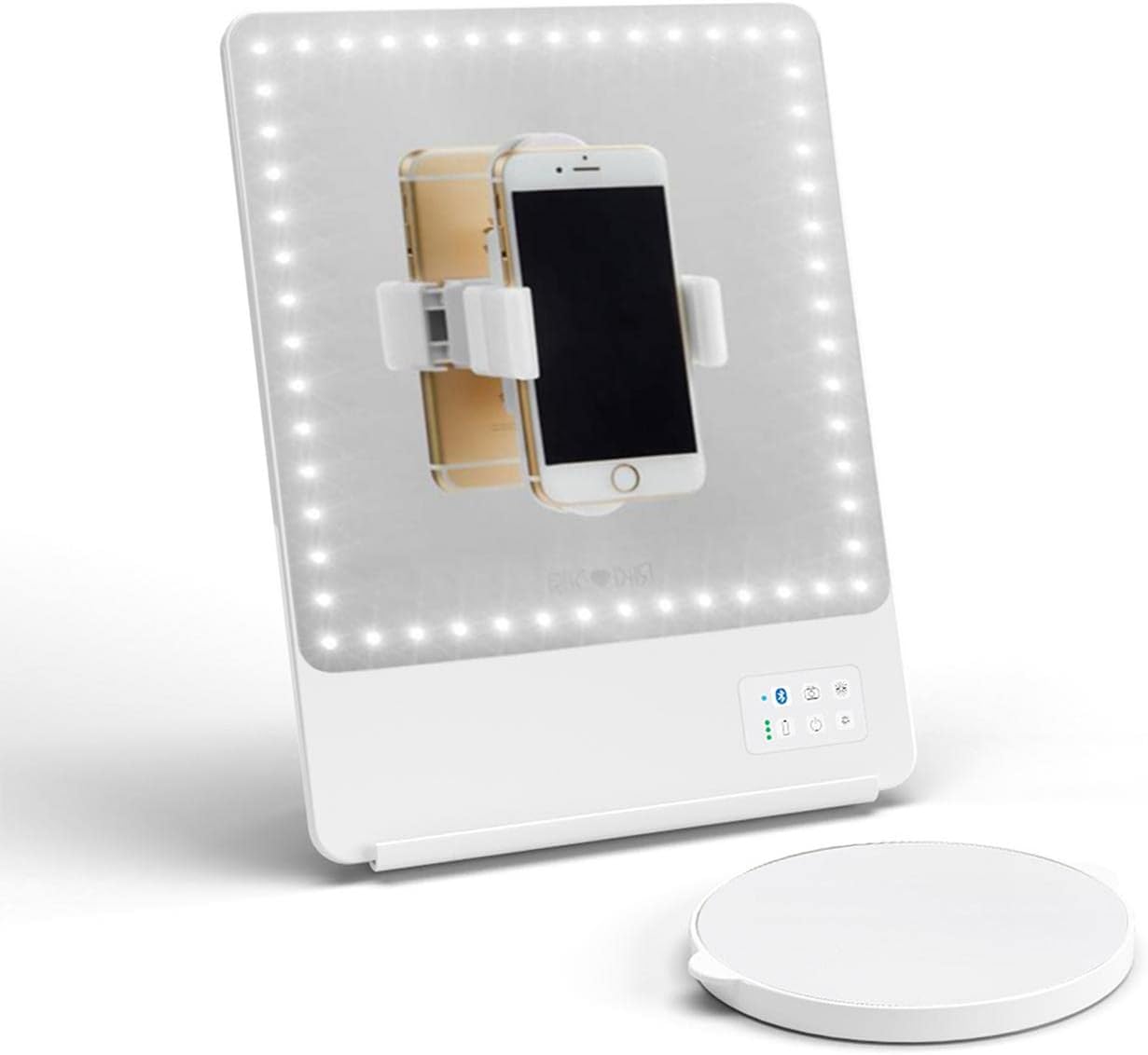 RIKI LOVES RIKIGLAMCOR Skinny Vanity Makeup Mirror with Selfie Function and Magnification Mirror Attachment (White, 5x Magnification)