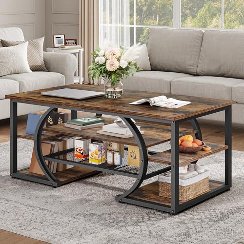 DWVO Rustic Coffee Table with Storage Shelf, 47" Wood Rectangle Center Table, 5 Tier Cocktail Tea Table, Modern Industrial Accent Table w/Arched Metal Frame for Living Room, Reception Room (Brown)