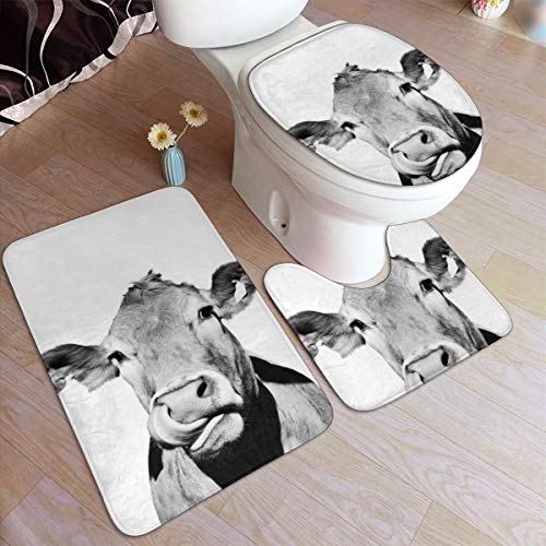 Beauty-Design Kuh Foto schwarz und weiß Badteppich Set 3-teilig rutschfest saugfähig Badteppich U-Form WC-Vorleger länglich WC-Deckelbezug