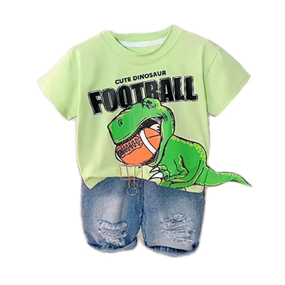 Image of Bold N Elegant Kids Dinosaur Football Cotton Half Sleeve T-Shirt with Denim Shorts Set for Infant Toddler Baby Boys Girls