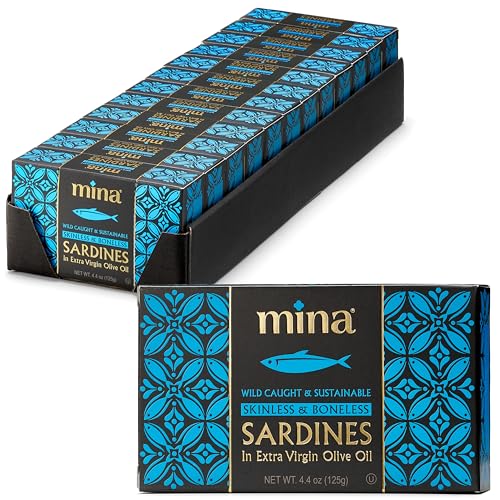 Mina Sardines, Skinless & Boneless Sardines in Extra Virgin Olive Oil, 4.4 Ounce Wild Caught Sardines, Packed By Hand, Low Sodium, High in Protein, Keto, Paleo, Sardines in Olive Oil (Pack of 12)
