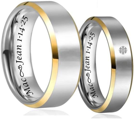 A & L Engraving Personalized Two Tone Silver & Gold Ring Set - His & Hers Couple's Ring Set - Stainless Steel Wedding Bands - Custom Engraved Free In Any Language - Ships From USA