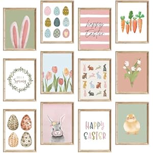 FYSUIMU 12Pcs Easter Wall Art Prints Boho Bunny Egg Carrot Chick Art Poster Pastel Spring Wall Decor for Gallery Living Room Bedroom Unframed 8 x 10 Inch