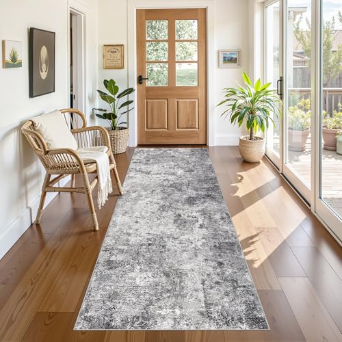 3X8 Washable Runner Rug for Hallway: Soft Neutral Modern Abstract Area Rug - Non-Slip Low Pile Long Throw Indoor Carpet for Kitchen Entryway Kitchen Bedroom Laundry Bathroom - Grey