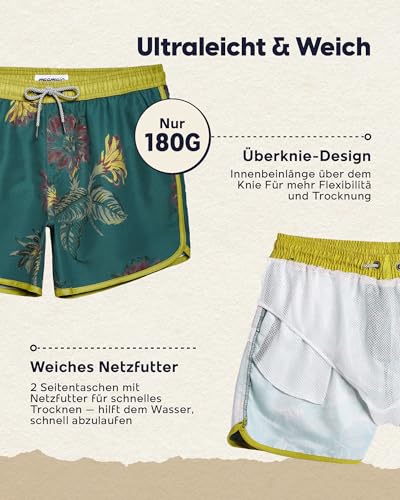 MaaMgic Herren Badeshorts Vintage Retro Boardshorts Schnelltrocknend Kurz Badehose Schwimmhose mit Mesh-Futter und Verstellbarem Tunnelzug Gelb Dunkelgrün L