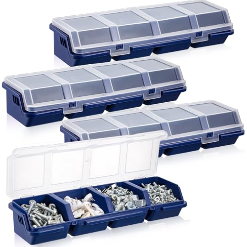 Hushee 4 Pcs Screw Organizer Box with Lid 4 Compartments Small Parts Organizer Plastic Stackable Nut and Bolt Hardware Storage Tool Bin Divider Sorting Screw Box for Workbench Garage (Blue)