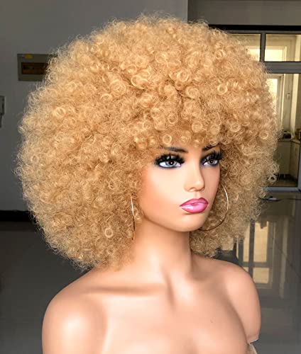 Hihoo Short Afro Wig With Bangs For Black Women Afro Kinky Curly Wig 70S Premium Synthetic Big Afro Wig(Blonde) #TOP4