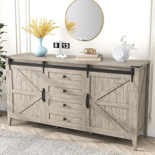 GlouMod 60 Inch Farmhouse 4 Drawers Dresser for Bedroom with Sliding Barn Doors, Natural Texture Wood Rustic Chest of Drawers for Living Room Bedroom Hallway Driftwood Gray