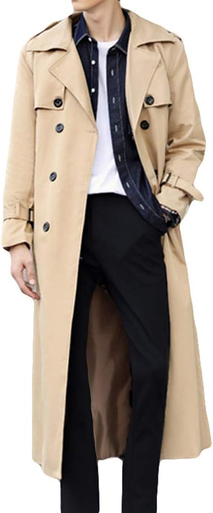Men's Double Breasted Trench Coat Oversized Casual Windbreaker Lapel Long Jacket Overcoat