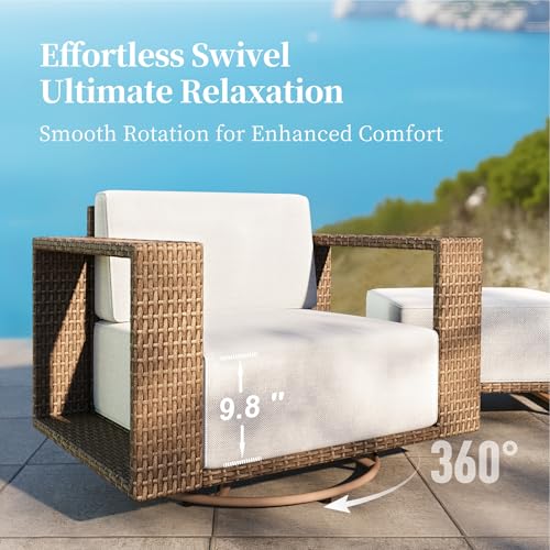 Image of SUNSHINE VALLEY 4 Pieces Patio Furniture Set with Swivel Chairs, Outdoor Wicker Conversation Set with 10 inch Thick Cushions, All Weather Rattan Conversation Set, Low Profile Lawn Garden Backyard Sofa