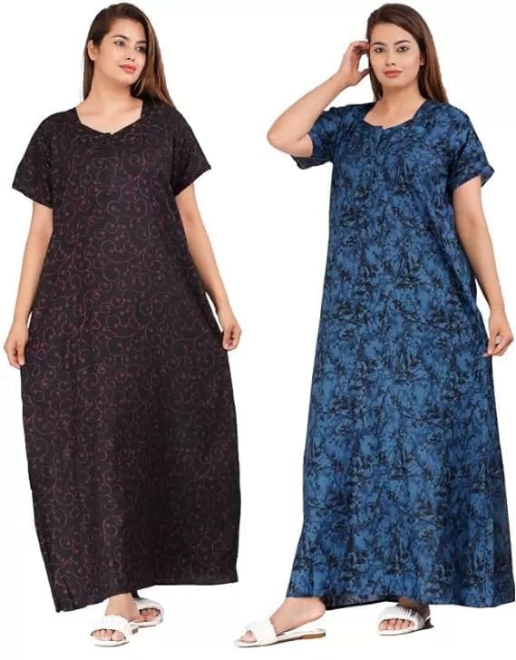 tout ensemle Women’s Cotton Printed Maxi Nighty (Pack of 2) – Ankle-Length Night Dress Gown, Soft & Comfortable Sleepwear, Free Size Multicolour-picture-48