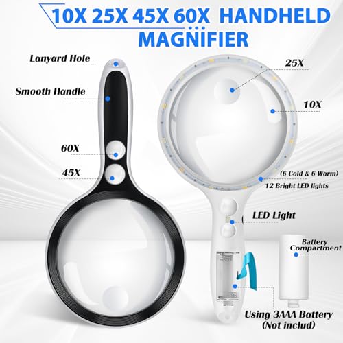 Large Magnifying Glass with Lights,10X 25X 45X 60X Handheld Lighted Magnifier, 5in Page Magnifier LED Lights, Magnifying Glass for Reading Small Prints & Low Vision Seniors with Aging Eyes