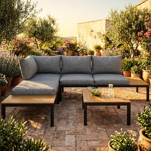 Yihomfy Moderne Salon de Jardin extérieur, 4 Personnes Balcon Garten en Forme de combiné Librement Sofa, Inclus 2 chaises Doubles, 2 Tables d'appoint, 1 Table, Coussins déhoussables, Gris