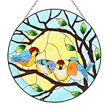 Stained Glass Birds Window Hangings, 11.8 * 11.8inches Four Multicolor Birds on Tree Hand Paint Wind