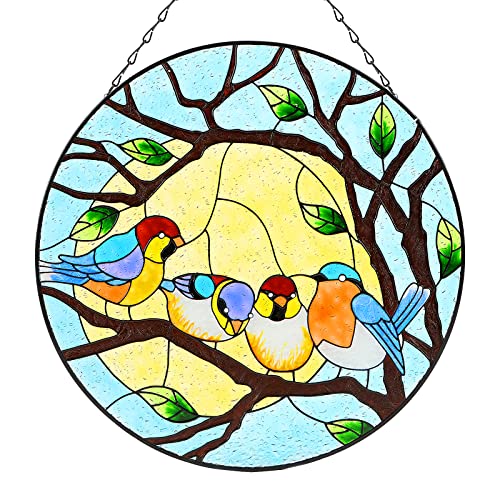 Stained Glass Birds Window Hangings, 11.8 * 11.8Inches Four Multicolor Birds On Tree Hand Paint Window Panel Decor, Bird Suncatcher Home Wall Garden Decoration, Best Gifts For Bird Lovers #TOP7