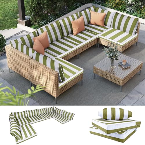 Outdoor Furniture Replacement Cushions, 14 Pcs Water-Resistant Replacement Sofa Cushion for Patio Garden Porch (Liner&Cover,Only Cushions No Sofa) (Beige)