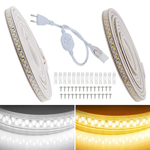 FOLGEMIR 2m Ruban à LED Blanc Chaud, Bande de 5630 SMD 180 LEDs/m, 220V 230V strip, éclairage très lumineux, IP65 étanche