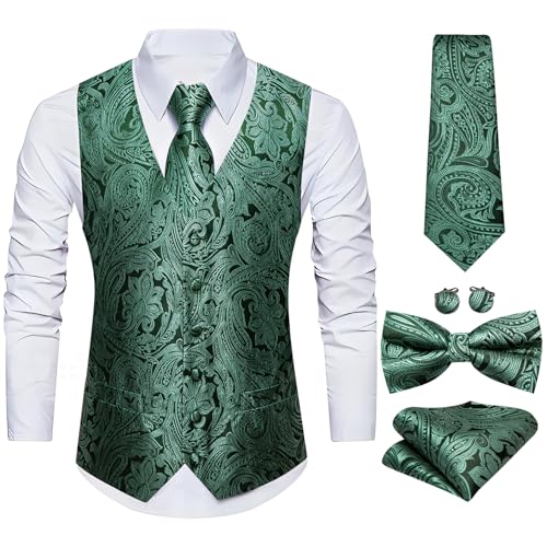 Image of Barry.Wang Men's Suit Vest Tie Bowtie Set Formal Silk Paisley Waistcoat Hanky Cufflinks Lapel Pin Set Wedding Party 7PCS