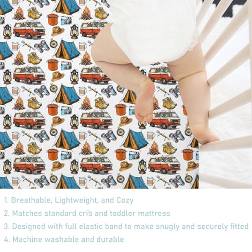 Image of Vintage Camping Hiking Baby Crib Sheet 52''x28'' Outdoor Camp Snug Fitted Crib Mattress Cover for Boy Girl Campfire Soft Nursery Baby Bed Sheet for Standard Crib and Toddler Mattresses