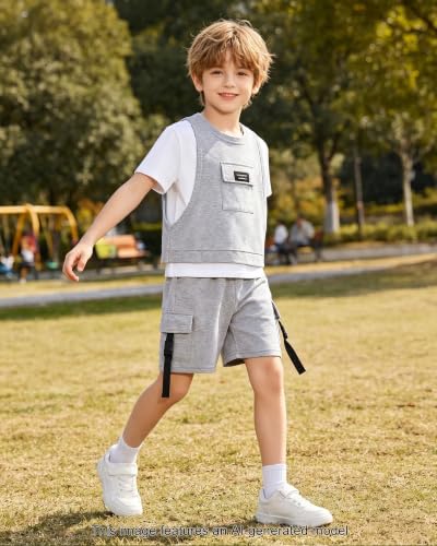 Image of SANGTREE 2Pcs Cotton Boys Clothes Short Sleeve T-Shirt and Shorts Teen Kids Summer Casual Outfit Boy Sets, 3-12 Years