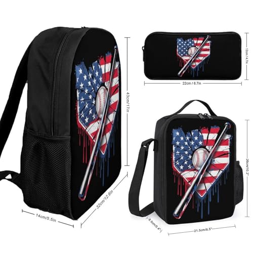 Baseball Home Plate Drip American Flag Game Day Backpack Set 3 Pieces Backpacks Lunch Bag Wallet For Travel Outdoor Sports2