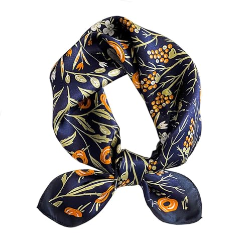 ANDANTINO 100% Real Mulberry Silk Scarf -21'' x 21''- Lightweight Neckerchief –Women Men Small Square Digital Printed Scarves (Flowers-Navy)