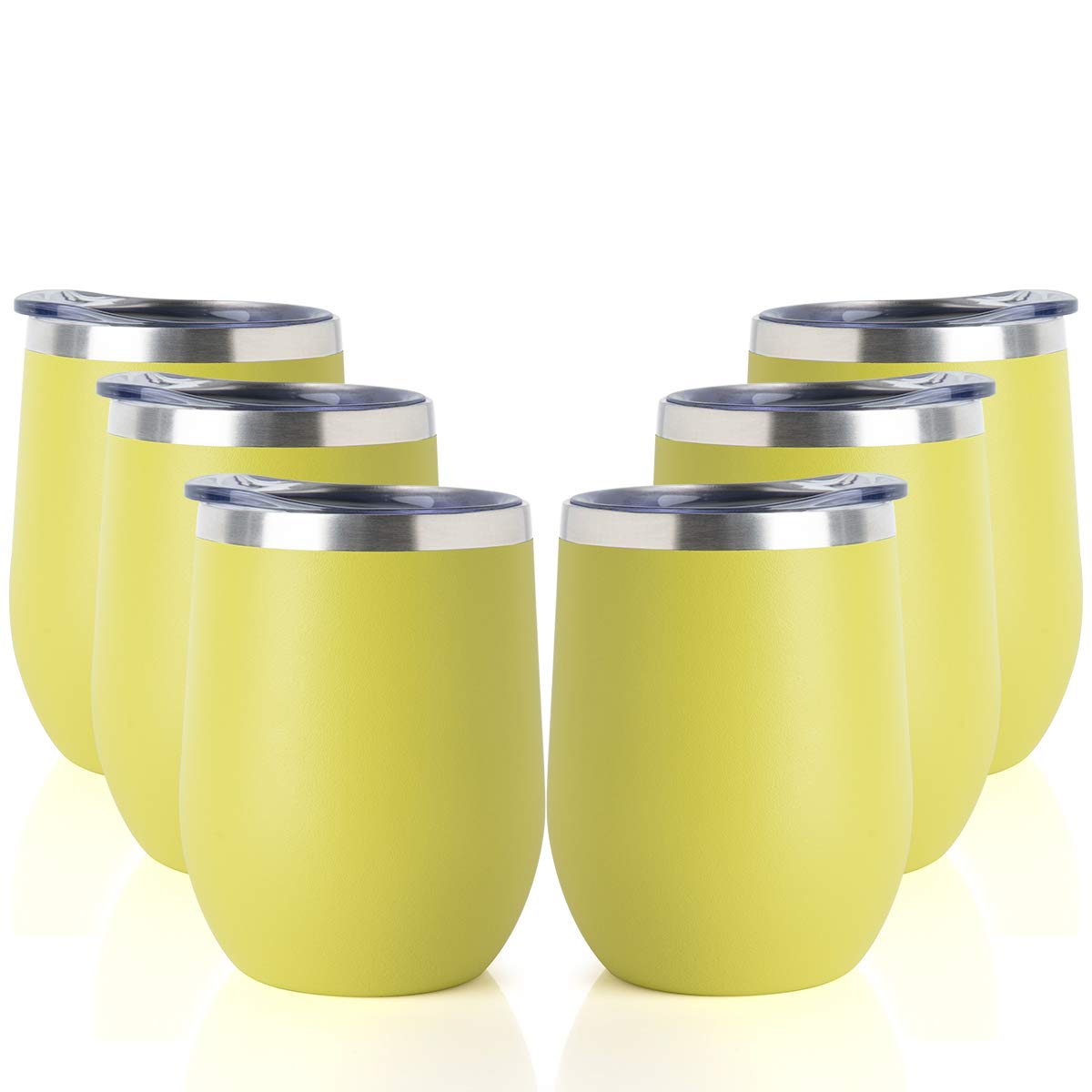 6 Pack 12 OZ Stainless Steel Wine Glass with Lid, Double Wall Vacuum Insulated Travel Cup for Coffee, Cocktails, Ice Cream (Yellow)