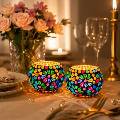 Image of Floryn Decor Morrocan Mosaic Candle Holders | Home Light Decorations Items | Mosaic Glass Tealight Holder | Best lamp for Diwali Decoration | Pack of 2 (with 2 Tealight Candle Free)