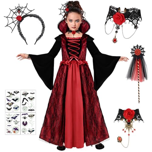 GEEKEO Disfraz Carnaval Vampiro Niña, Disfraz de Reina Disfraces Carnaval Niña Niño, Vampiro Vestido Cosplay Traje Vampiresa Dientes con Collar de Vampire para Halloween Carnaval Fiesta Decoracion