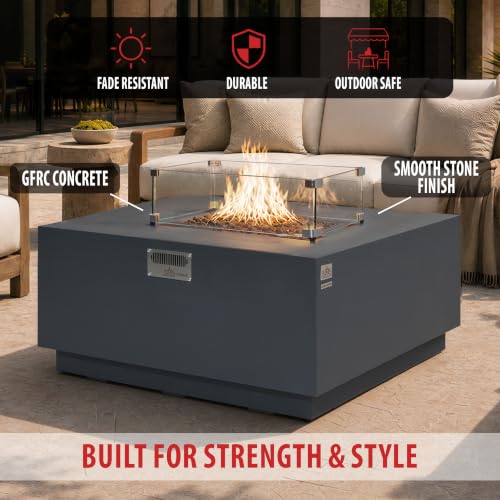 Image of AMS 48 inch Square Concrete GFRC Propane Gas Fire Pit Table Bundle (Dark Gray)