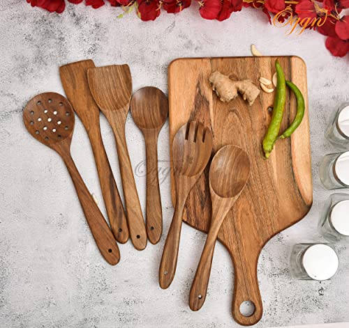 OGGN Handmade Acacia Wood 17X9 Chopping Board with Spoon Spatula Set of 6 Spatula for Cutting Fruit and Vegetables and Kitchen Decoratives