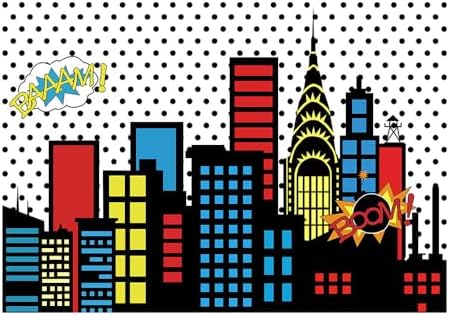 Super City Photography Backdrop 8x6FT Yellow Full Moon Skyline Cityscape Superhero Background City Theme Boys Birthday Party Banner Decorations Photo Props